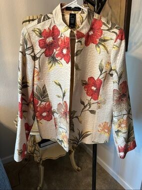 Cream Floral Quilted Blazer with Red and Yellow Blooms